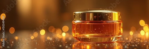 Luxurious amber cream in an elegant jar, ideal for skincare branding, beauty products, or spa promotions. Captivating golden hues create a warm and enticing atmosphere.