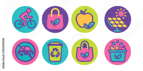 Two-Color vector icons of sustainability actions in circular design: bike commuting, reusable bag, local food, solar energy, car-free day, zero waste, eco shopping, composting.