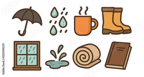 Outline with Fill icon set for cozy rainy days: open umbrella, raindrops on glass, mug with steam, rain boots, window view, puddle splash, blanket roll, novel book.