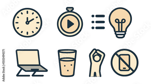 Outline with Fill icon set for mindful productivity: analog clock, focus timer, bullet list, idea bulb, laptop stand, water glass, stretch icon, no-distraction sign.
