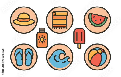 Outline with Fill icon set for summer beach fun in circles: sunhat, beach towel, sunscreen, watermelon slice, flip-flops, wave icon, popsicle, beach ball.