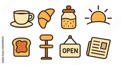 Outline with Fill style icons of breakfast café life: espresso cup, croissant, sugar jar, morning light, toast with jam, bar stool, open sign, newspaper.