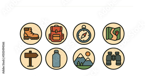 Outline with Fill icon set for weekend hike gear in circles: hiking boots, backpack, compass, map, trail sign, water bottle, mountain view, binoculars.