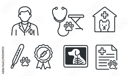 Line style icons of vet care: veterinarian symbol, stethoscope with paw, exam table, animal hospital icon, pet thermometer, vaccination badge, X-ray image, pet health record.