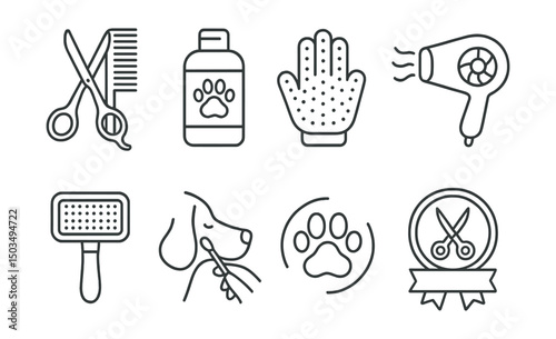 Line style icons of pet grooming: scissors and comb, pet shampoo bottle, grooming glove, dryer for pets, fur brush, ear cleaning icon, paw care, grooming salon badge.