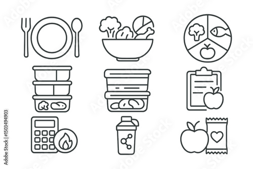 Line style icons of nutrition and meal planning: meal plate icon, portion control symbol, balanced meal chart, meal prep containers, diet logbook, calorie counter, protein shake, healthy snack.