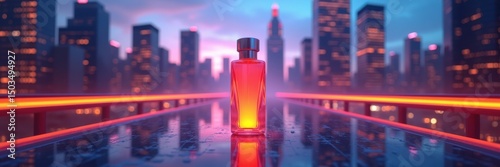 A vibrant perfume bottle illuminated against a futuristic cityscape, perfect for beauty, fashion, and lifestyle marketing.
