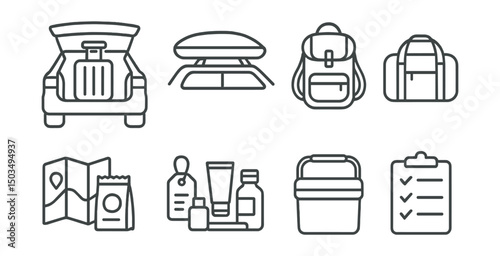 Line style icons of travel luggage: suitcase in trunk, roof box, backpack icon, road bag, map and snacks pack, travel essentials, car cooler, packing list.