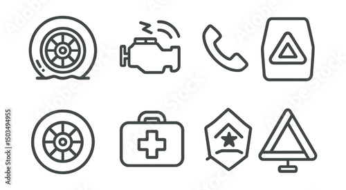 Line style icons of emergencies on the road: flat tire, engine warning light, SOS call icon, hazard light switch, roadside assistance badge, spare tire, first aid kit, emergency triangle.