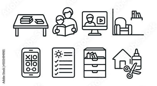 Line style icons of home learning: kitchen table with books, parent and child reading, online learning screen, quiet corner icon, educational game app, at-home schedule, learning drawer, DIY project.