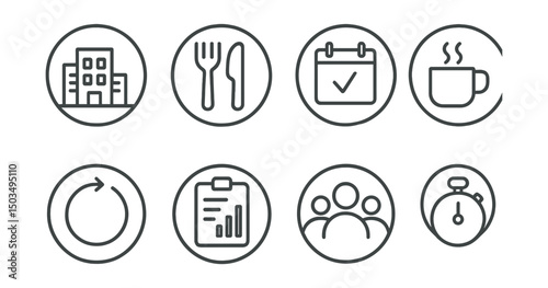 Line style icons of workday schedule in circles: office hours icon, lunch break badge, meeting calendar, coffee time symbol, work sprint ring, report deadline, team sync icon, shift timer.