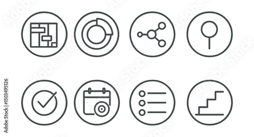 Line style icons of project timelines in circles: Gantt chart icon, progress step ring, milestone circle, timeline marker, phase complete badge, goal deadline, task lane icon, project step.