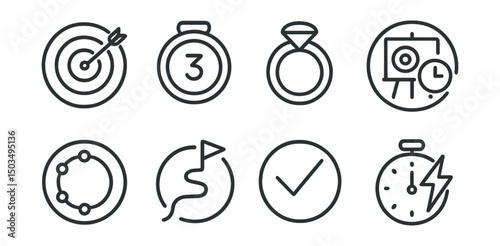 Line style icons of goal planning in circles: goal deadline icon, countdown tracker, commitment ring, vision board clock, step-by-step ring, path to goal, completion circle, motivation timer.