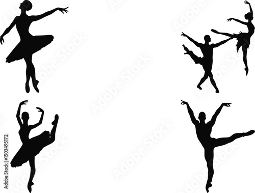 Jumping and spinning dancers in silhouette – expressive ballet vector