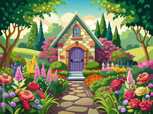 vector of A lovely cottage garden full of vibrant flowers, attractively framing the paved entrance.