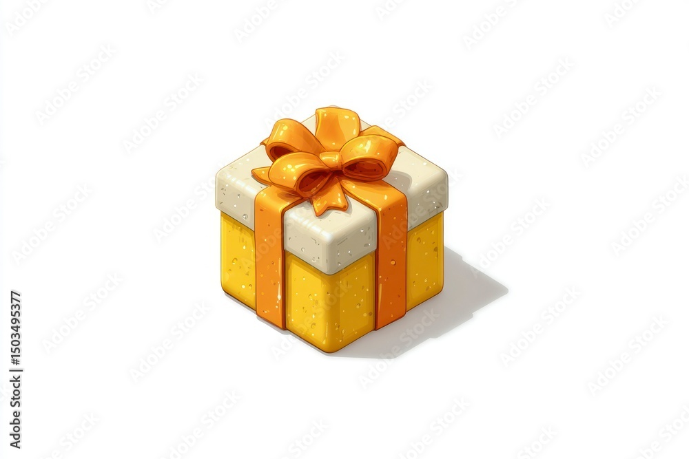 Fototapeta premium Gift box present yellow orange ribbon isometric view holiday celebration birthday anniv