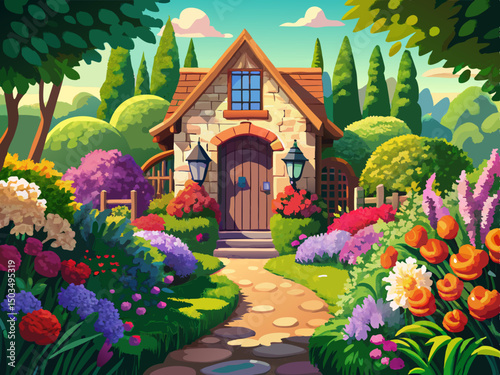 vector of A lovely cottage garden full of vibrant flowers, attractively framing the paved entrance.