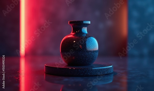 A sleek, black ceramic vase showcased against vibrant red and blue lighting, perfect for modern home decor, design presentations, or artistic product displays.