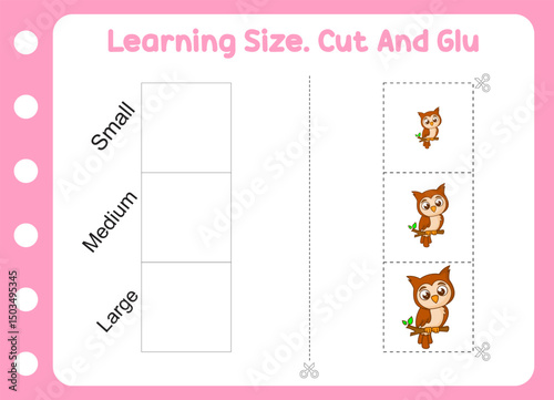 learning size , cut and glue cute owl. kids education and learning