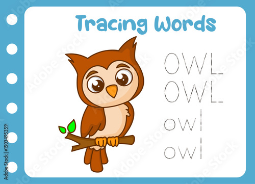 tracing the word of cute owl  . animal education game