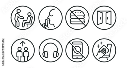 Line style icons of transport etiquette in circles: give seat badge, quiet zone icon, no eating symbol, keep door clear, line up arrow, headphones sign, no phone call, clean seat icon.