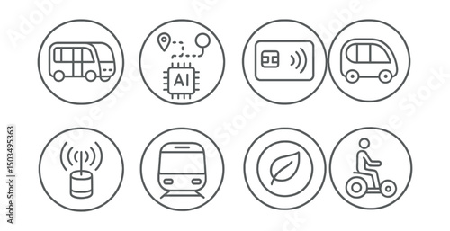Line style icons of smart transport future in circles: autonomous shuttle, AI route planner, smart ticketing chip, electric pod icon, real-time sensors, next-gen metro, green tech badge, future