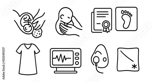 Line style icons of childbirth: placenta delivery, first baby touch, birth certificate icon, newborn footprint stamp, delivery gown, heart rate monitor, oxygen mask, sterile sheet.
