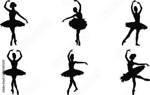 Ballet silhouettes of female dancers in balanced and extended poses