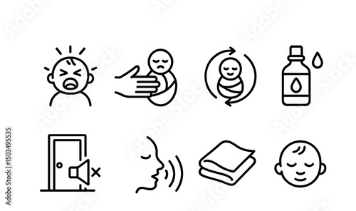 Line style icons of baby care: newborn cry icon, soothing touch hand, rocking motion symbol, baby massage oil, quiet space icon, gentle voice icon, soft fabric, calm expression.