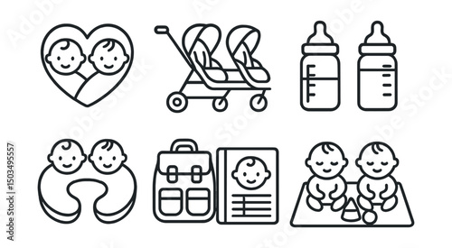 Line style icons of baby care: twin care symbol, double stroller, twin feeding pillow, color-coded bottles, tracking twin log, double diaper bag, twin sleep plan, shared playmat.