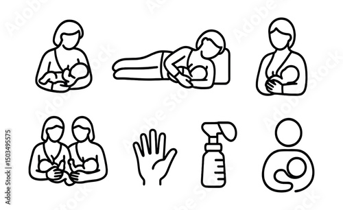 Line style icons of breastfeeding: football hold, side-lying nursing pose, cross-cradle hold, upright nursing icon, tandem nursing symbol, baby hand on chest, milk expression icon, breastfeeding