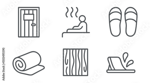 Line style icons of bathhouse: wooden sauna door, steam room icon, hot water tap, bathhouse sandals, towel roll, wooden wall texture, headrest board, water splash.
