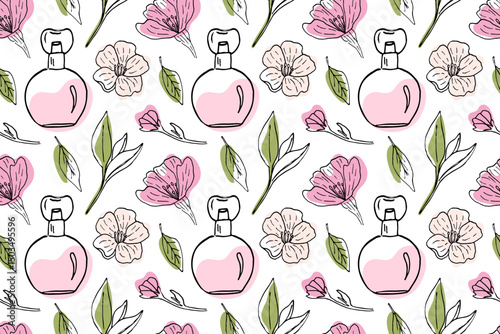Cherry blossom and pink perfume bottle vector seamless pattern. Oriental culture, Sakura blossom, background for banners of cosmetology salon, perfume store, packaging, fabrics.