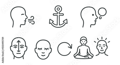 Line style icons of meditation and mindfulness: focus on breath icon, anchor object symbol, attention bubble, return gently arrow, centered gaze, soft blinking eyes, relaxed body icon, alert calm