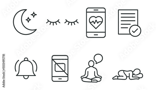 Line style icons of healthy sleep: moon and stars, closed eyes icon, sleep tracker app, digital sleep log, gentle bedtime reminder, no screen icon, breathing before sleep, sleep posture.