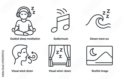 Line style icons of healthy sleep: guided sleep meditation, soft music symbol, white noise icon, ocean wave sound, breathing pattern for sleep, visual wind-down, body scan at bedtime, restful image.
