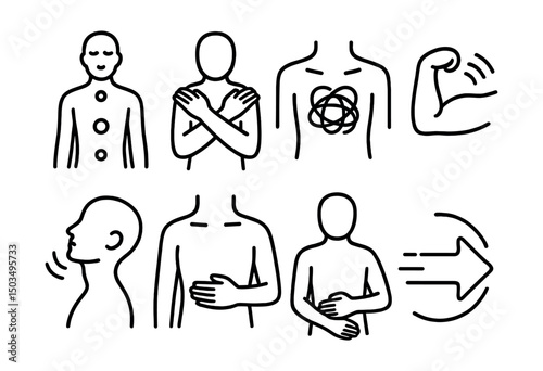 Line style icons of emotional recovery: body scan icon, held shoulders, stomach knot icon, muscle softening line, neck release symbol, hand on belly, comfort through body, slow motion arrow.