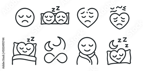 Line style icons of emotional recovery: sleep and emotions, rest helps icon, exhausted heart, fatigue face, bedtime for feelings, sleep and reset link, cozy tired icon, nighttime repair symbol.