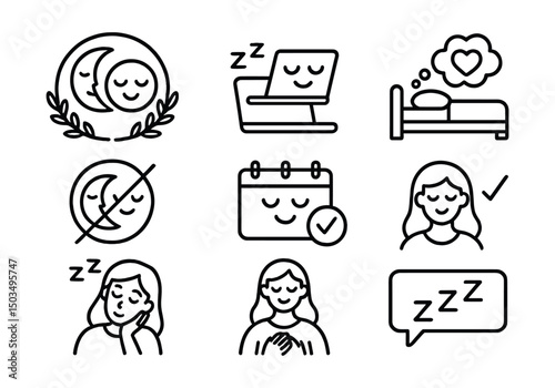 Line style icons of healthy sleep: sleep is self-care badge, rest is productivity icon, no guilt for resting, sleep boundary symbol, nap with purpose, honoring fatigue, reclaim rest message, rest