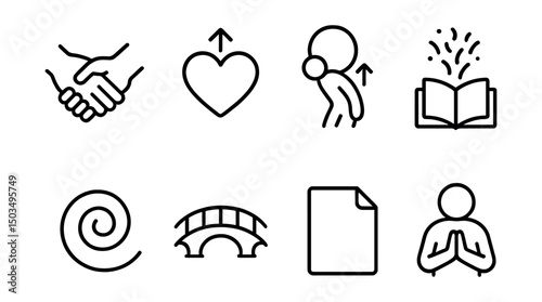 Line style icons of emotional recovery: forgiveness icon, heart unburdening, weight off shoulders, old story release, forgiveness spiral, bridge building, fresh page symbol, apology icon.