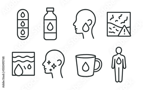 Line style icons of body care: hydration tracker, drink water bottle, skin hydration symbol, dry skin warning, inner moisture icon, skin glow icon, daily intake cup, full body water icon.