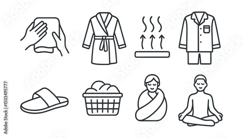 Line style icons of body care: gentle towel pat, bathrobe icon, warm drying air, fresh pajamas, cozy slipper icon, laundry basket, self-comfort wrap, peaceful body pose.