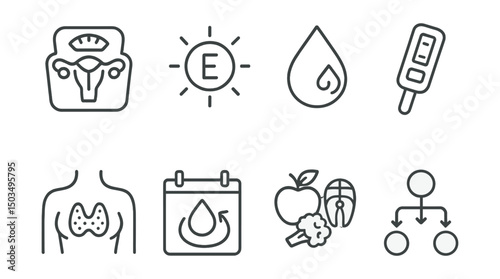 Line style icons of women’s health: hormonal balance icon, estrogen symbol, progesterone level, hormone testing kit, endocrine system symbol, PMS tracker, hormone-friendly foods, hormone flow chart.