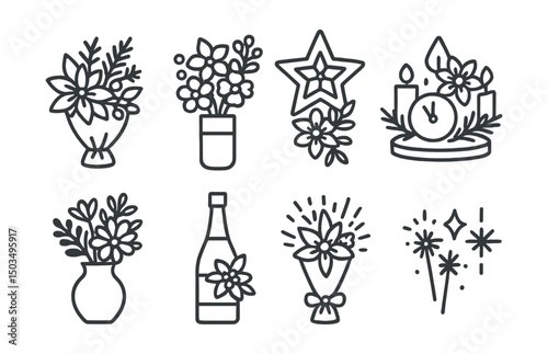 Line style icons of holiday floral arrangements: New Year’s bouquet, gold and white flower mix, star-shaped floral ring, countdown centerpiece, celebratory blooms, floral champagne decor, bouquet