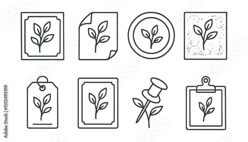 Line style icons of botanical illustration: botanical print icon, archival paper leaf, natural dye color ring, textured ink drawing, botanical museum tag, pressed plant archive, drawing pin and stem,