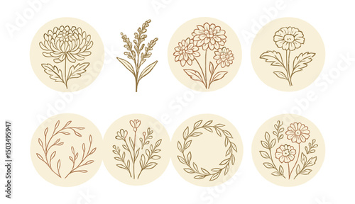 Line style icons of seasonal flowers: autumn chrysanthemum in round shape, goldenrod icon, orange dahlia bouquet, marigold round frame, dried stem circle, muted tones in bloom, leaf and flower ring,
