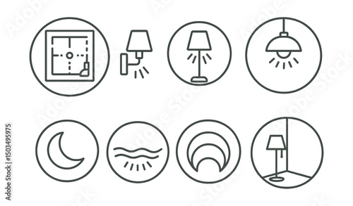 Line style icons of interior design: lighting layout plan, sconce icon, floor lamp with glow, ceiling fixture sketch, mood lighting icon, ambient glow wave, layered light levels, cozy glow corner.