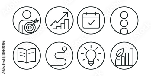 Line style icons of wellness and healthy living: personal goal icon, wellness progress arrow, daily check-in symbol, habit stack circle, health journal, simple routine path, motivation light icon,