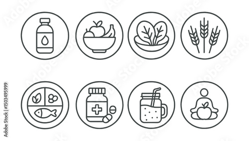Line style icons of wellness and healthy living: water bottle with drop, fruit bowl icon, leafy greens plate, whole grains symbol, balance meal plate, vitamins container, smoothie jar, mindful snack