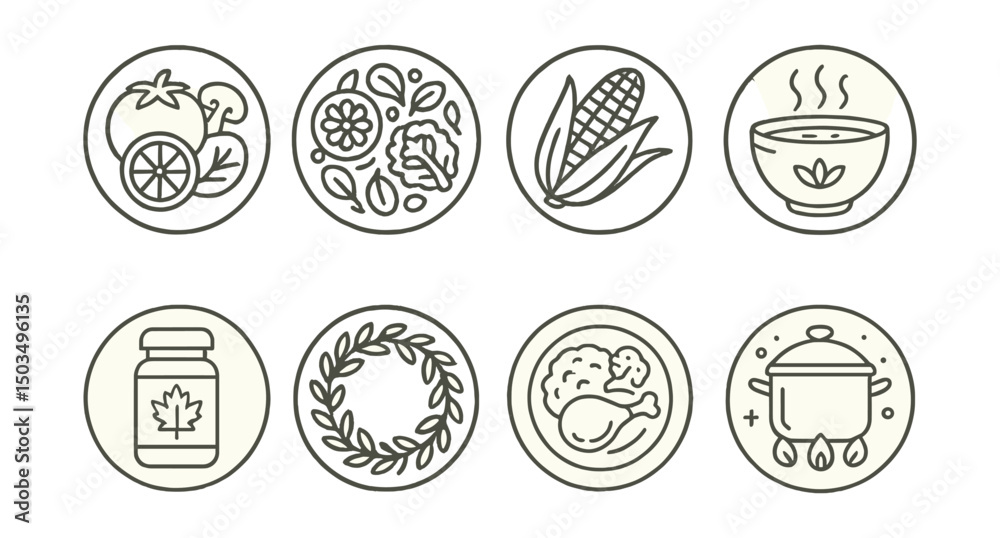 Naklejka premium Line style icons of food and drinks: seasonal ingredients icon, spring salad ring, summer grilled corn, fall soup bowl, winter stew pot, seasonal spice jar, fresh herb ring, harvest meal badge.